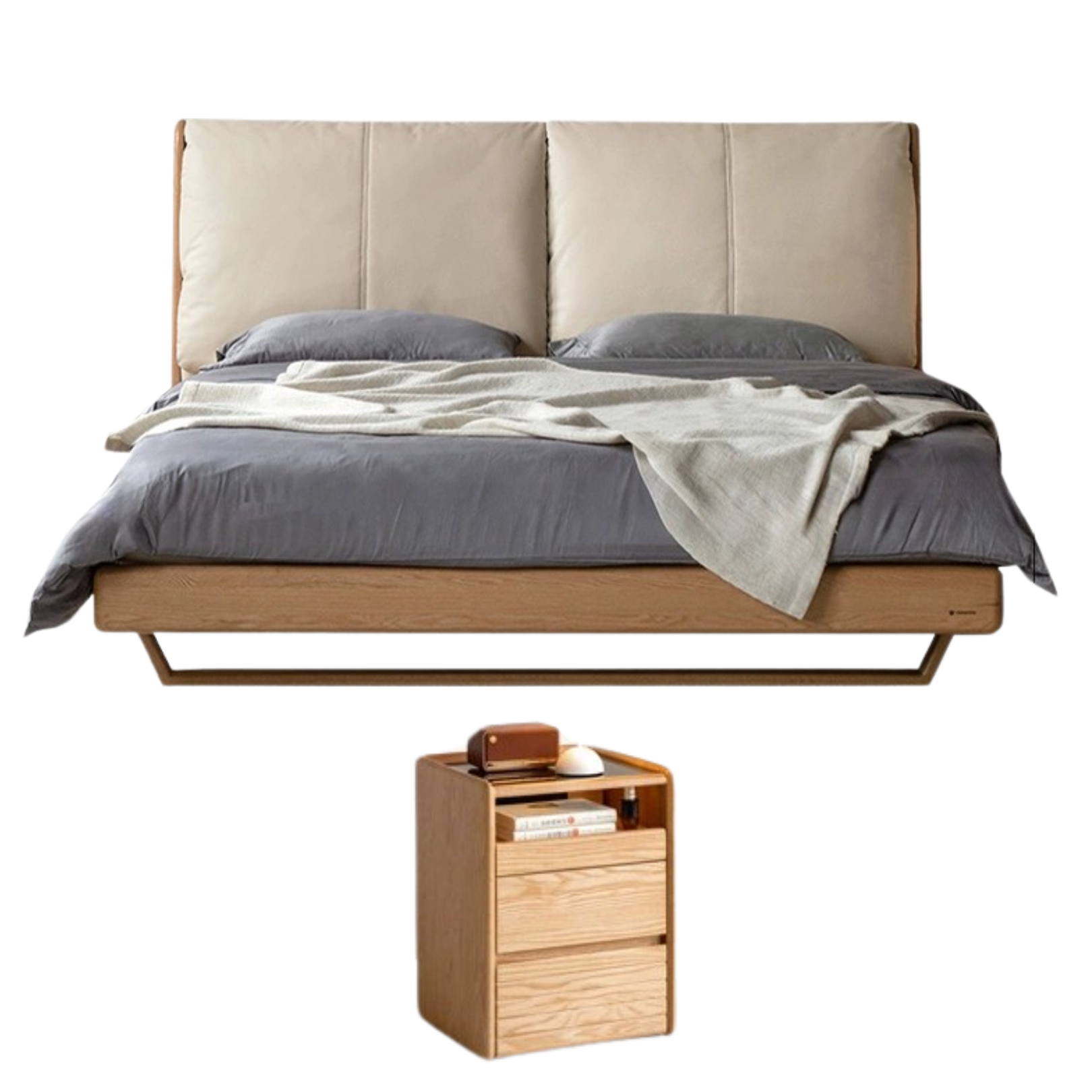 Oak, Ash Solid Wood Leather Soft Suspended Bed Italian Light Luxury
