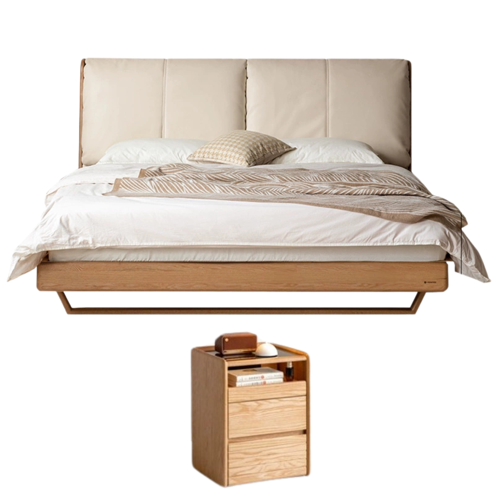 Oak, Ash Solid Wood Leather Soft Suspended Bed Italian Light Luxury