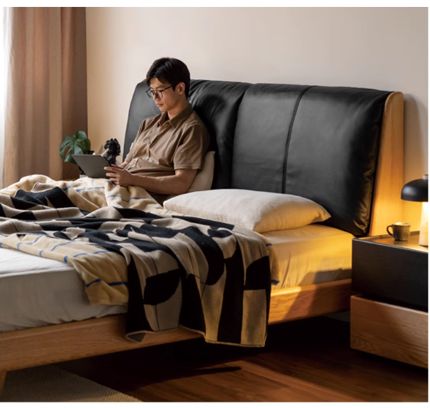 Oak, Ash Solid Wood Leather Soft Suspended Bed Italian Light Luxury