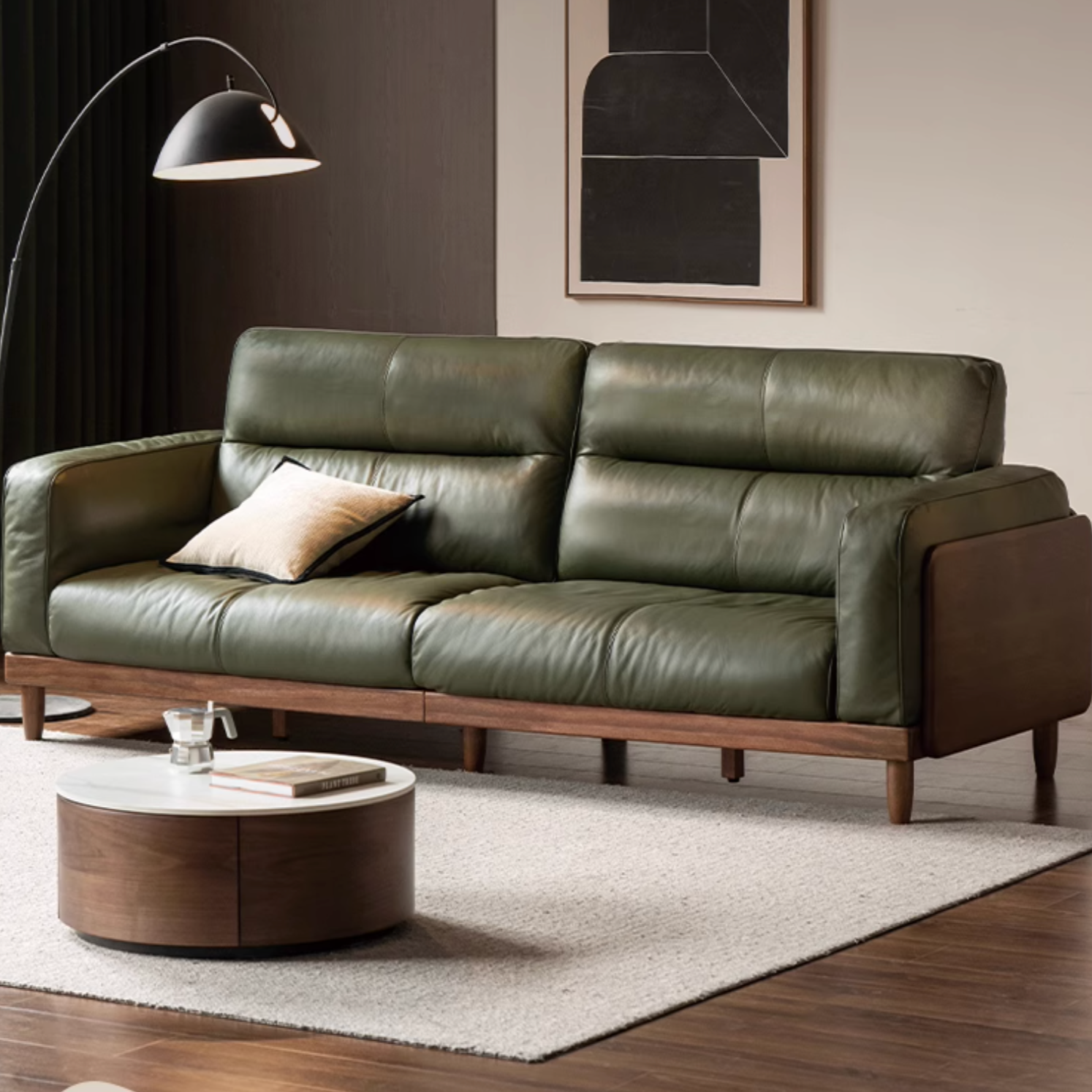 Sandalwood, Ash Solid Wood Genuine Leather, fabric High-Back Sofa