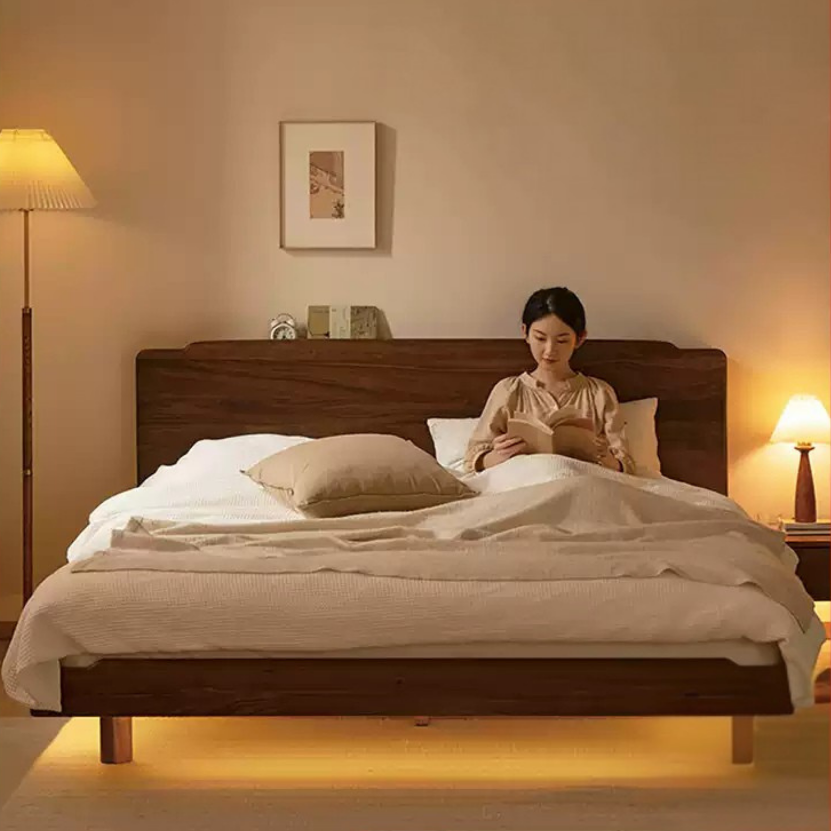 Black Walnut, Ash Solid Wood Big Bed with Light