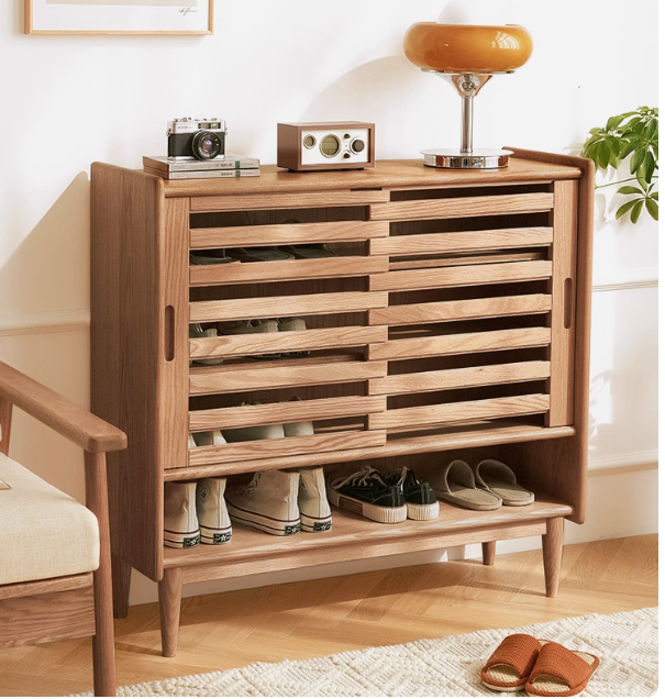 Oak Solid Wood Ultra-Thin Flap Door Rattan Shoe Cabinet
