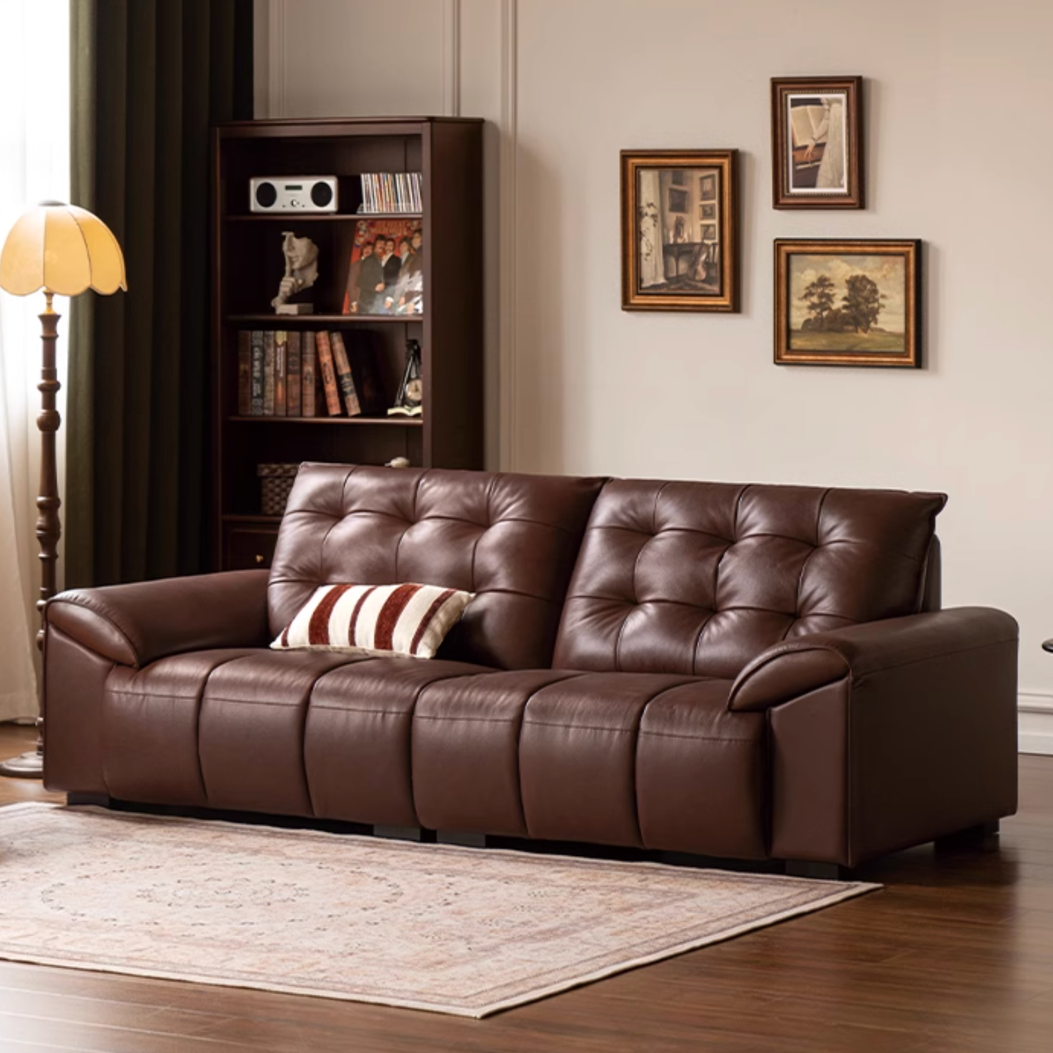 Genuine Leather American Retro High-Back Sofa with Checkerboard Black Bear Pattern
