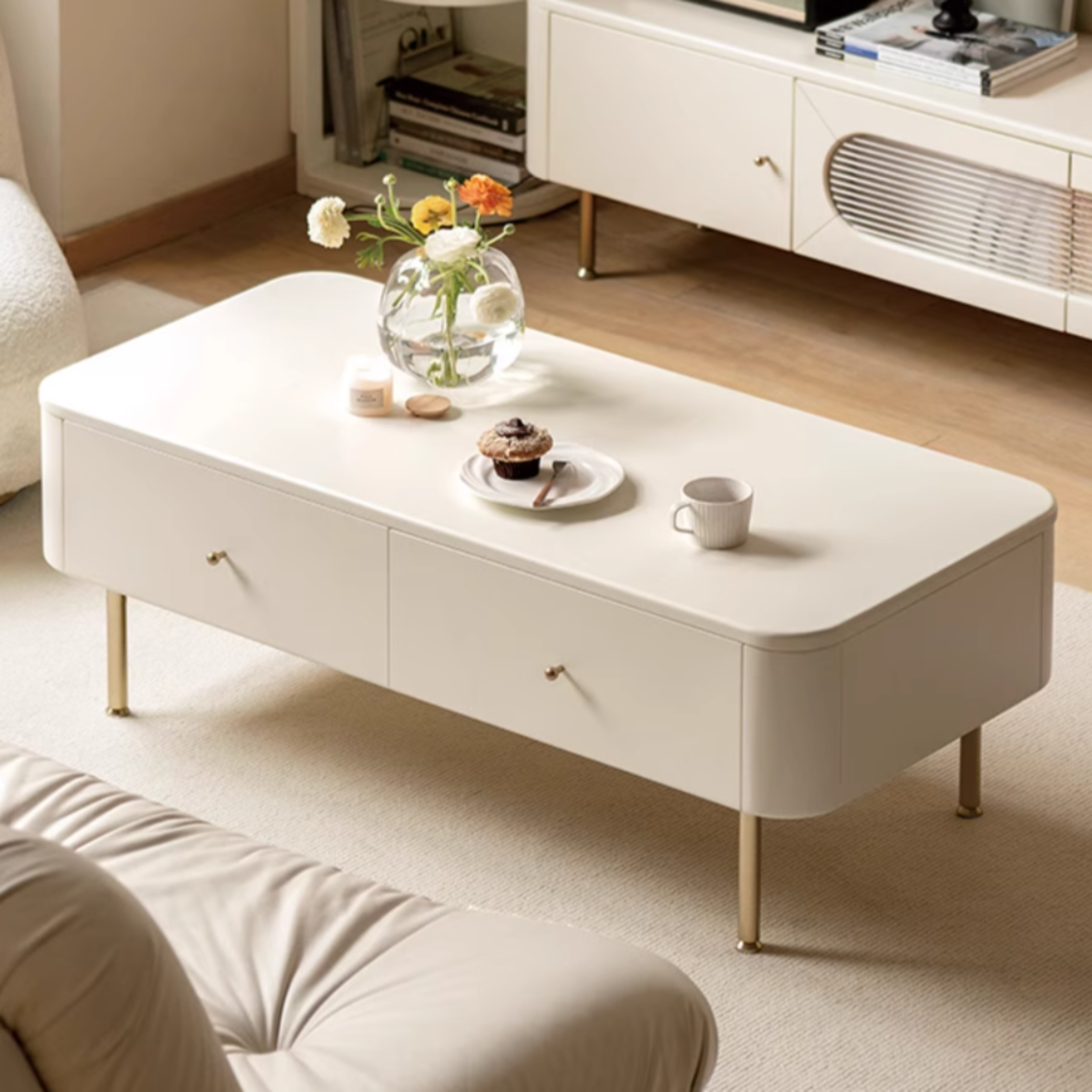 Poplar Solid Wood Modern White Storage Coffee Table