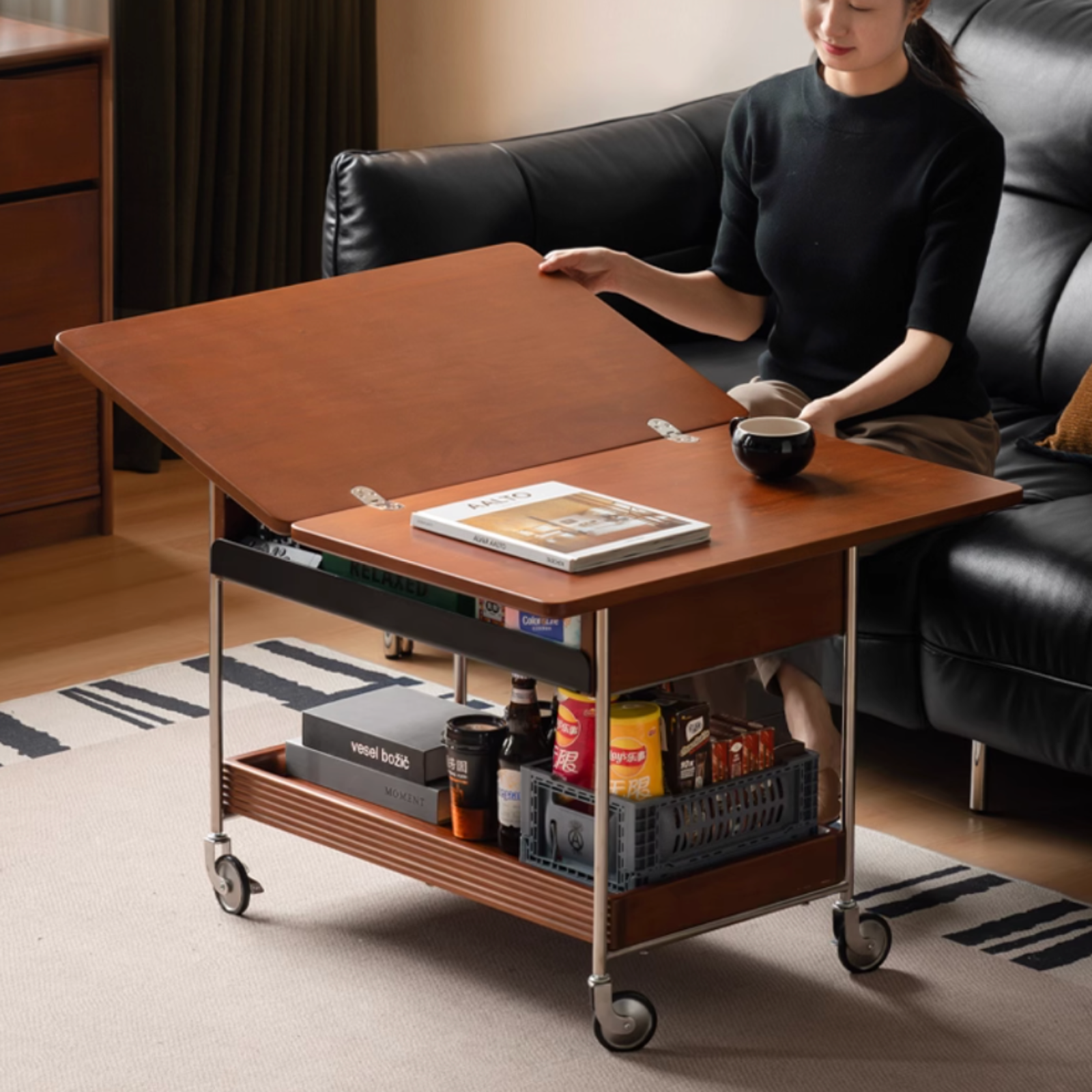 Poplar Solid Wood Middle Ancient Style Mobile Coffee Table