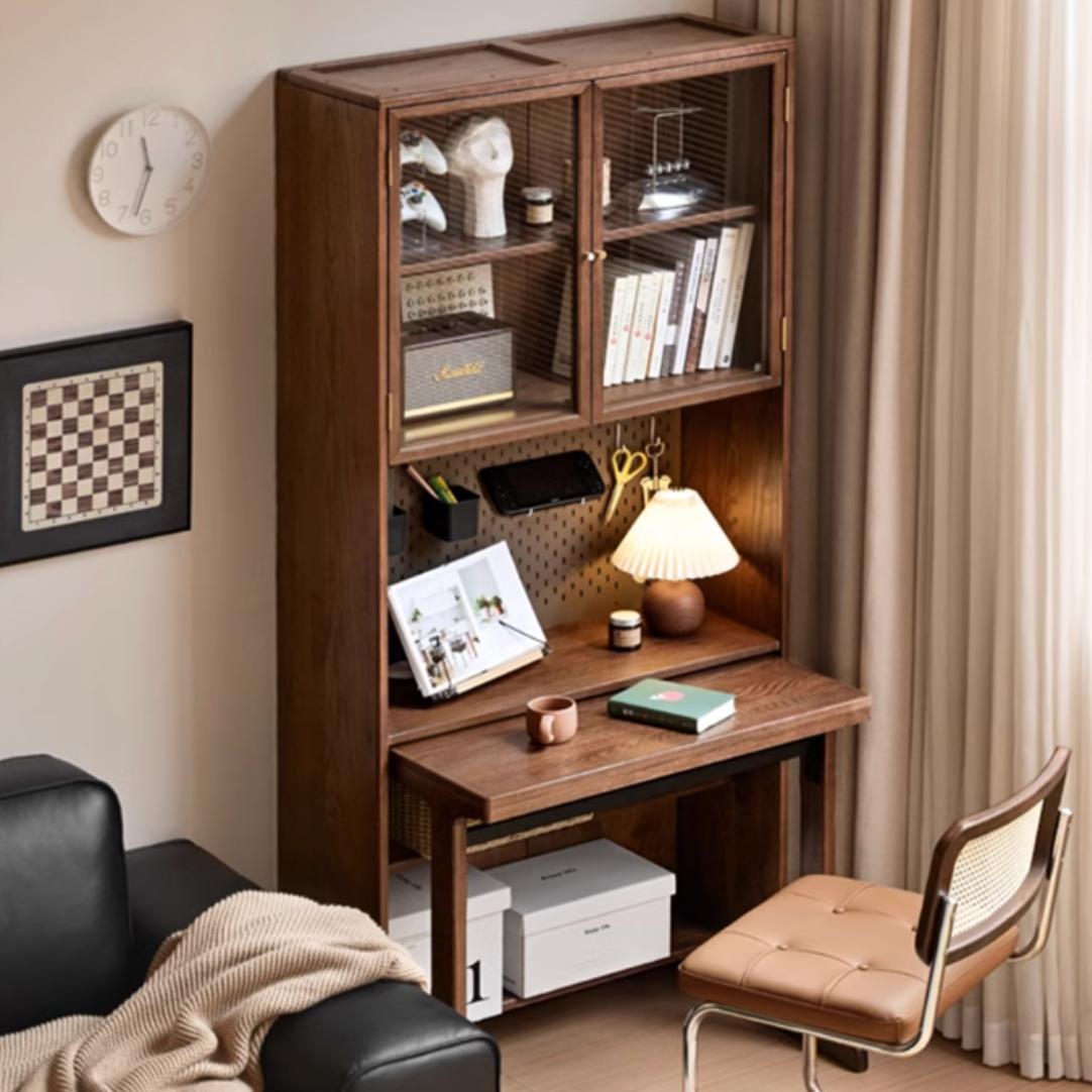 Oak Solid Wood Office Desk With Integrated Bookshelf
