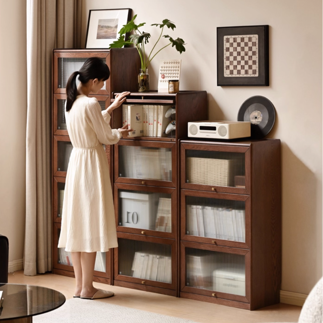 Oak Solid Wood Modern Glass Bookcase Combination
