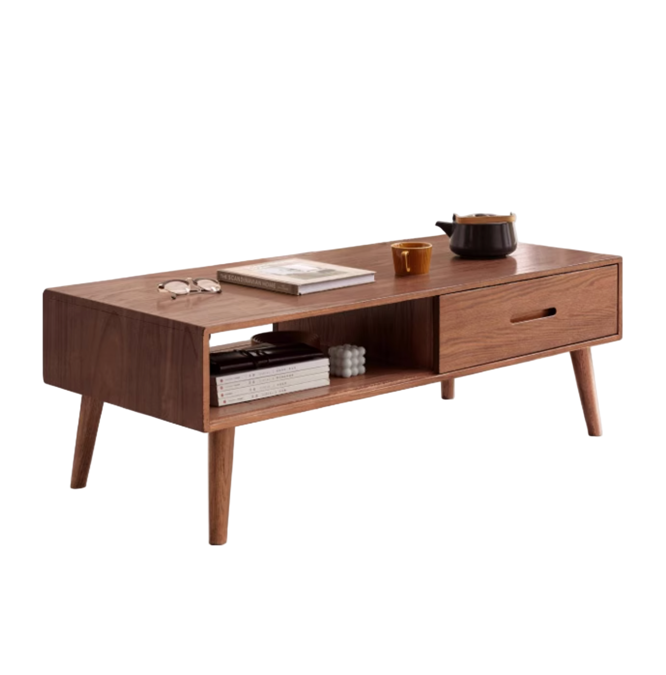 Oak, Solid Rubberwood Two-Drawer Coffee Table Walnut Color