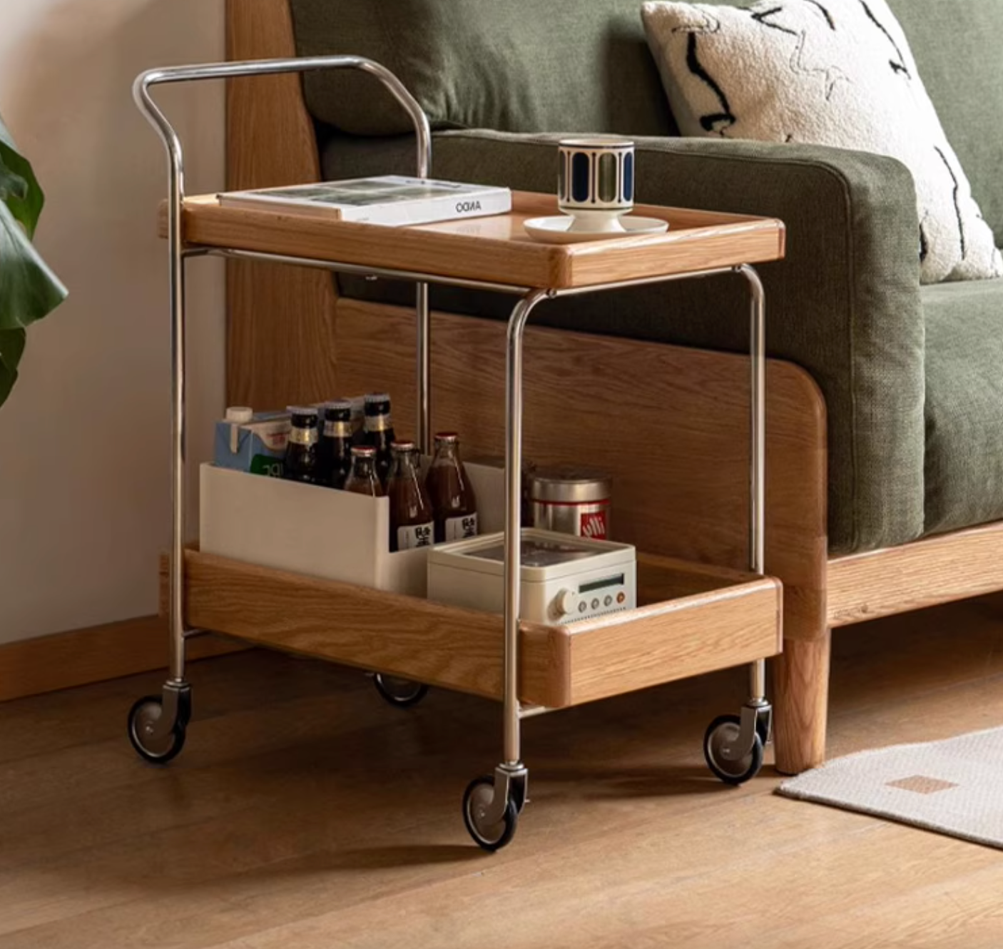 Oak, Poplar, Cherry Solid Wood Double Layer Mobile Side Table