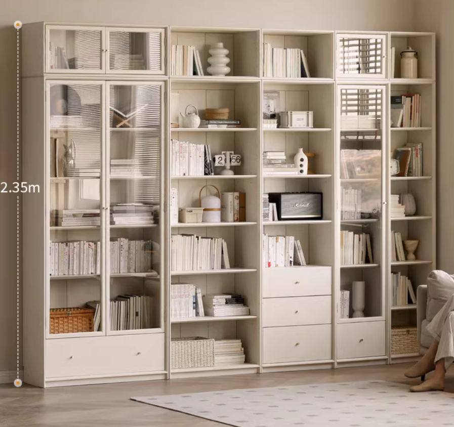 Oak Solid Wood Combination Bookcase Glass Door Floor-to-ceiling Bookshelf