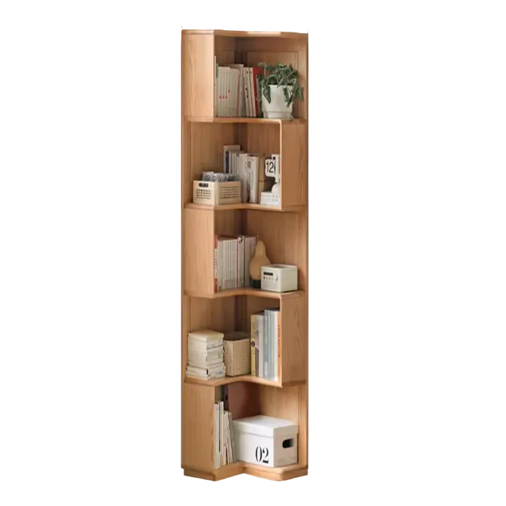 Oak Solid Wood Corner Bookshelf with Floor-Standing Storage Cabinet