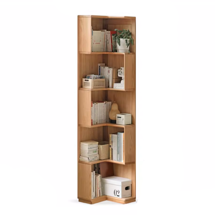 Oak Solid Wood Corner Bookshelf with Floor-Standing Storage Cabinet