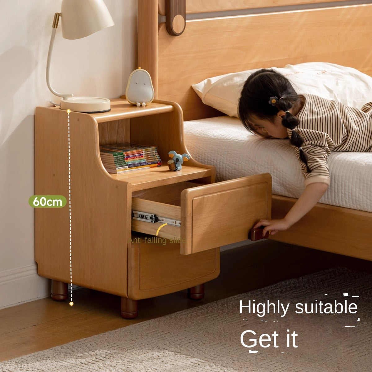 Beech Solid Wood Modern Kids Nightstand.
