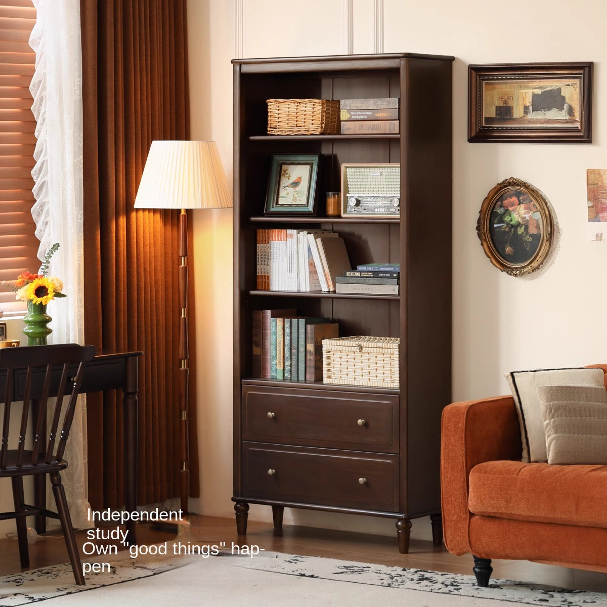Poplar, Black Walnut Solid Wood American Retro Bookcase.