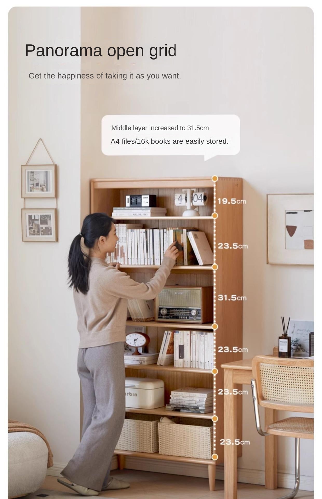 Beech Solid Wood Bookshelf Combination, Open Storage Cabinet
