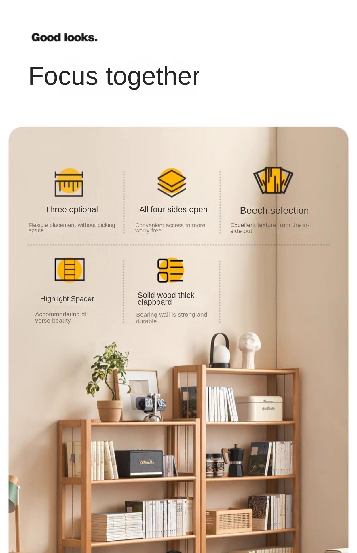 Beech Solid Wood Bookshelf, Storage Rack