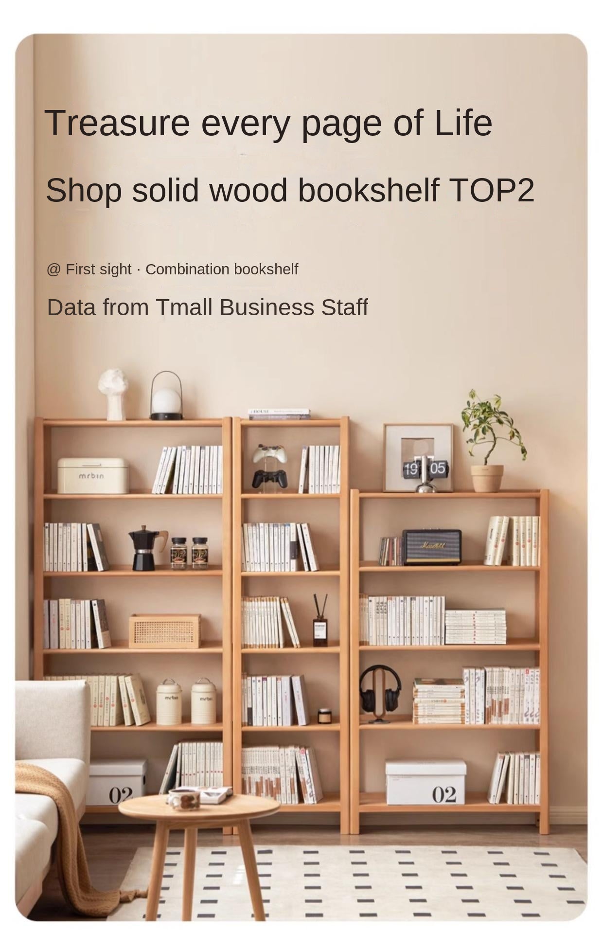 Beech Solid Wood Bookshelf, Storage Rack