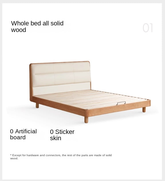 Cherry Solid Wood Bed with Retro Edge and Soft Headboard