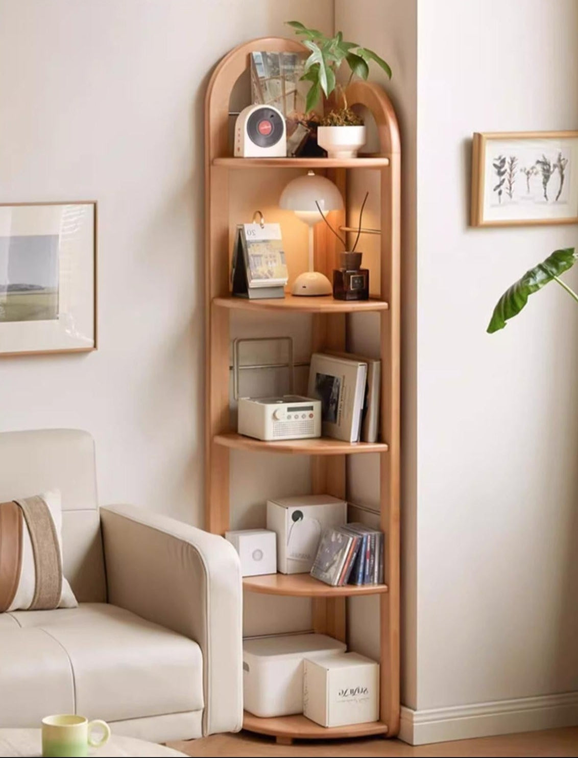 European Beech Solid Wood Corner Bookshelf.