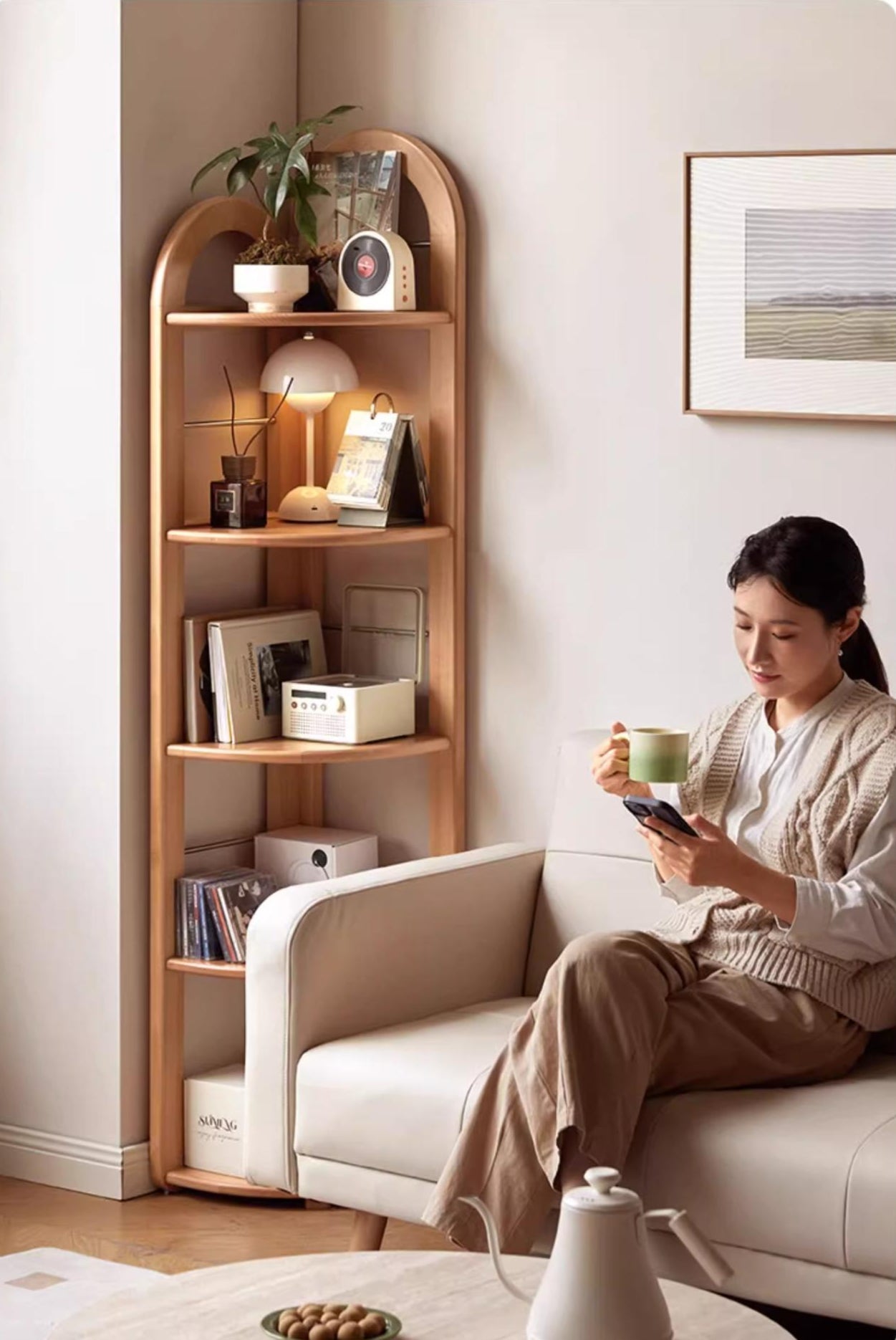 European Beech Solid Wood Corner Bookshelf.