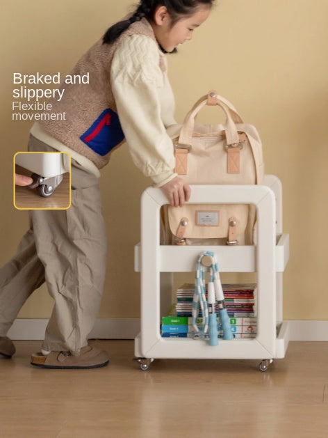 Rubber Solid Wood White Cream Style Under-Desk Movable Storage Rack.