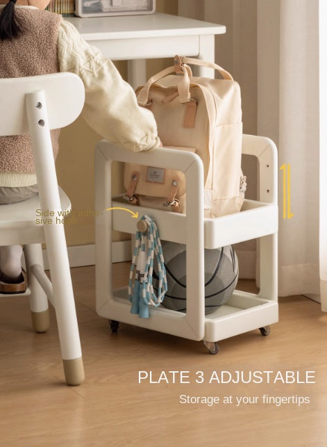 Rubber Solid Wood White Cream Style Under-Desk Movable Storage Rack.
