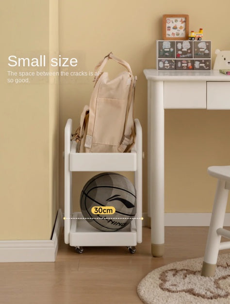 Rubber Solid Wood White Cream Style Under-Desk Movable Storage Rack.