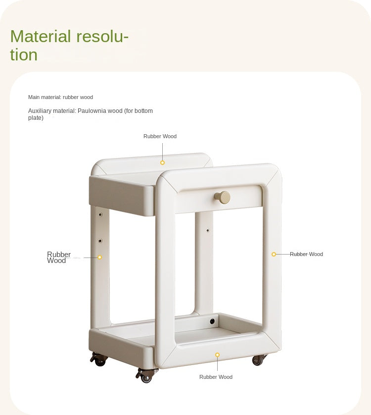 Rubber Solid Wood White Cream Style Under-Desk Movable Storage Rack.