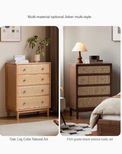 Oak Solid Wood Cabinet Modern Rattan Four Drawers.