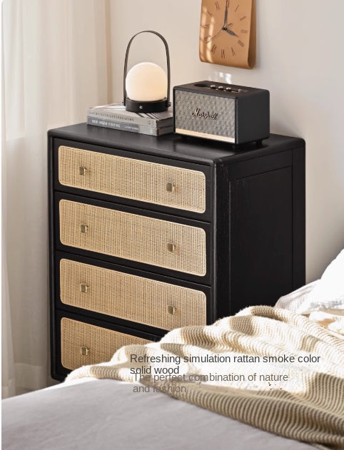 Oak Solid Wood Cabinet Modern Rattan Four Drawers.