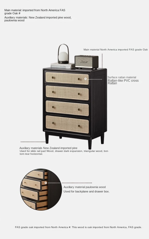 Oak Solid Wood Cabinet Modern Rattan Four Drawers.
