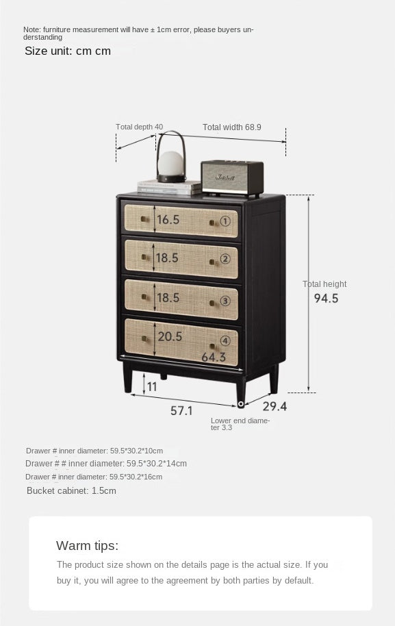 Oak Solid Wood Cabinet Modern Rattan Four Drawers.