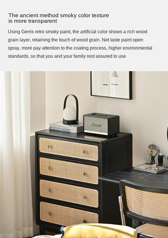 Oak Solid Wood Cabinet Modern Rattan Four Drawers.