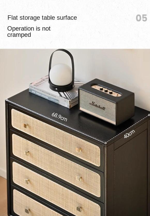Oak Solid Wood Cabinet Modern Rattan Four Drawers.