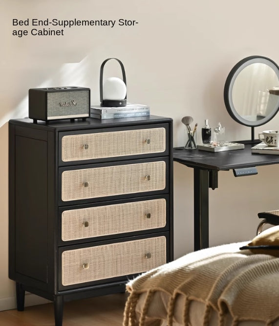 Oak Solid Wood Cabinet Modern Rattan Four Drawers.