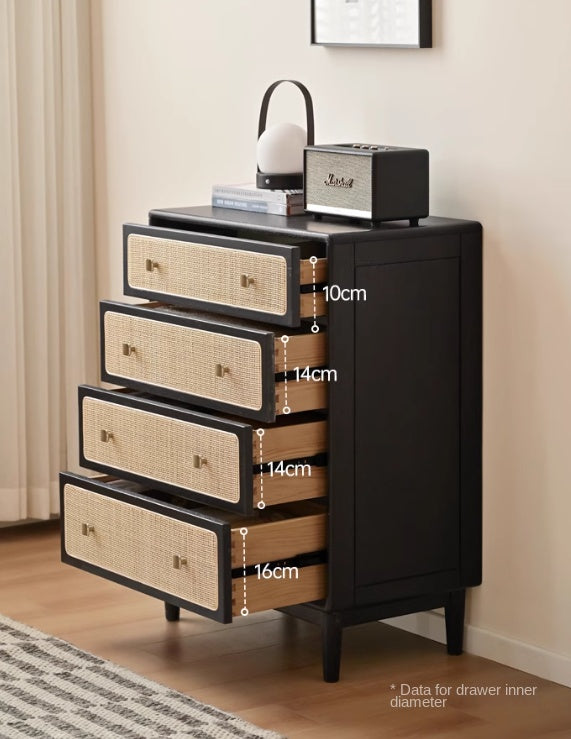 Oak Solid Wood Cabinet Modern Rattan Four Drawers.