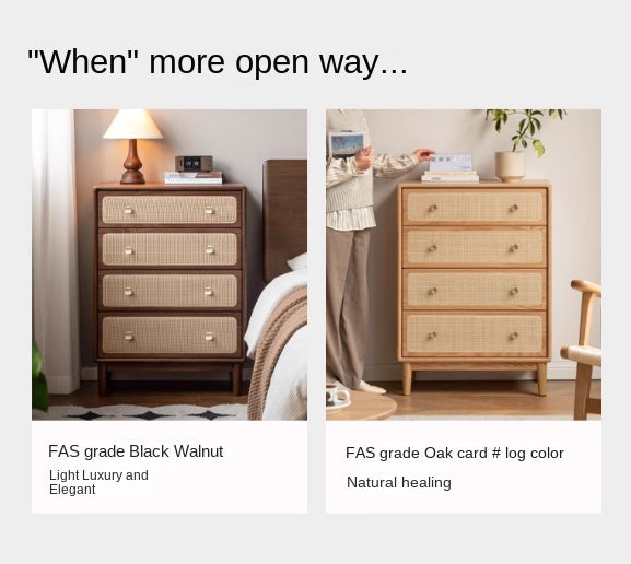 Oak Solid Wood Cabinet Modern Rattan Four Drawers.