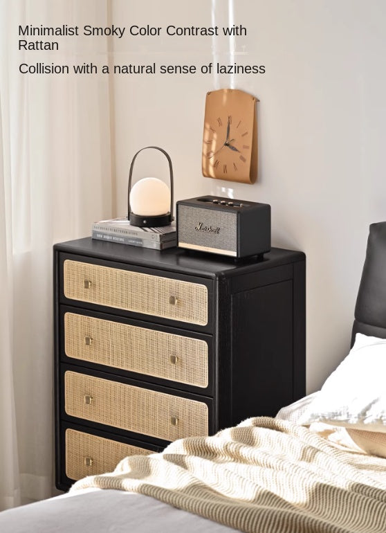 Oak Solid Wood Cabinet Modern Rattan Four Drawers.