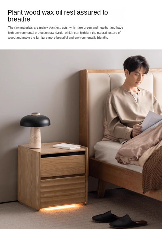 Ash Solid Wood Modern Lighted Nightstand.