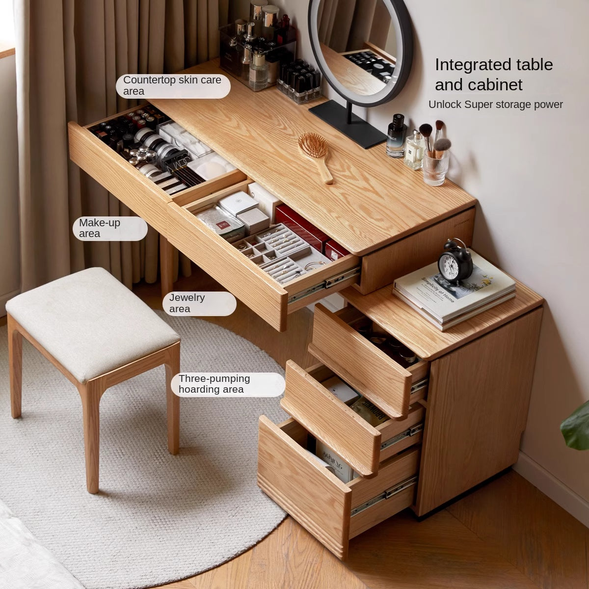 Oak Solid Wood Modern Retractable Vanity Table.