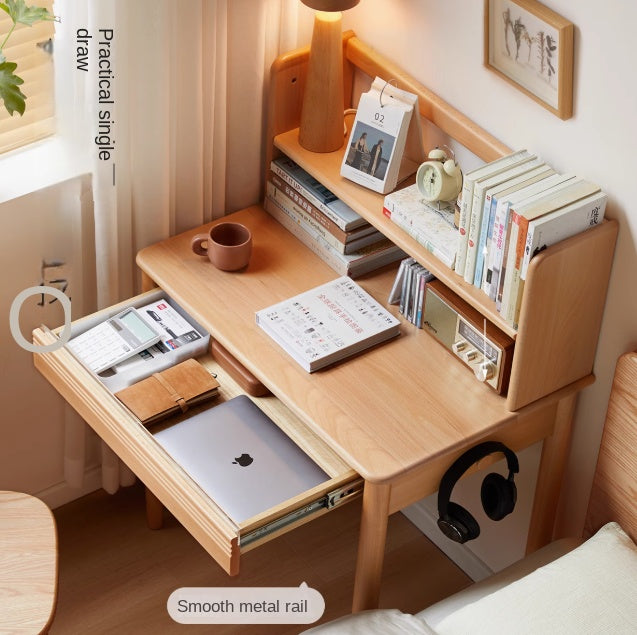 Beech Solid Wood Modern Narrow Desk Bookshelf Integrated.