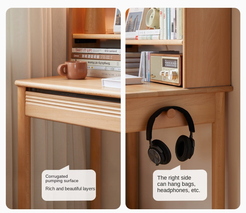 Beech Solid Wood Modern Narrow Desk Bookshelf Integrated.