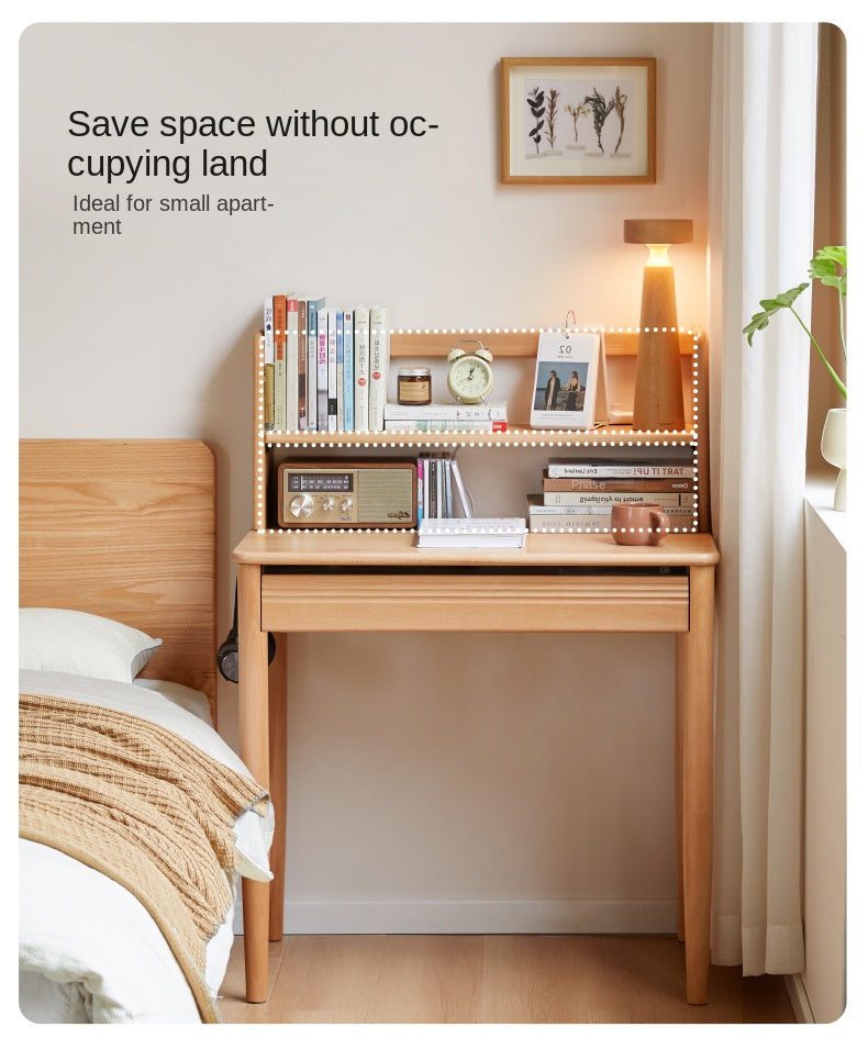 Beech Solid Wood Modern Narrow Desk Bookshelf Integrated.