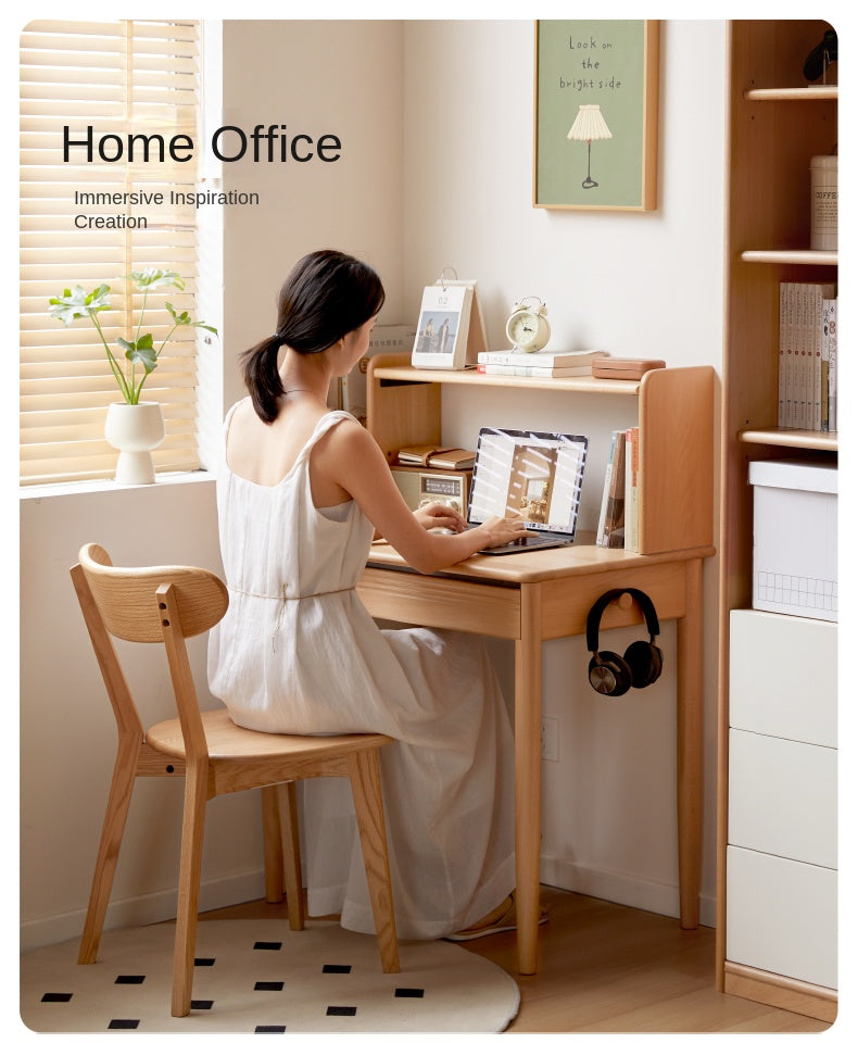 Beech Solid Wood Modern Narrow Desk Bookshelf Integrated.