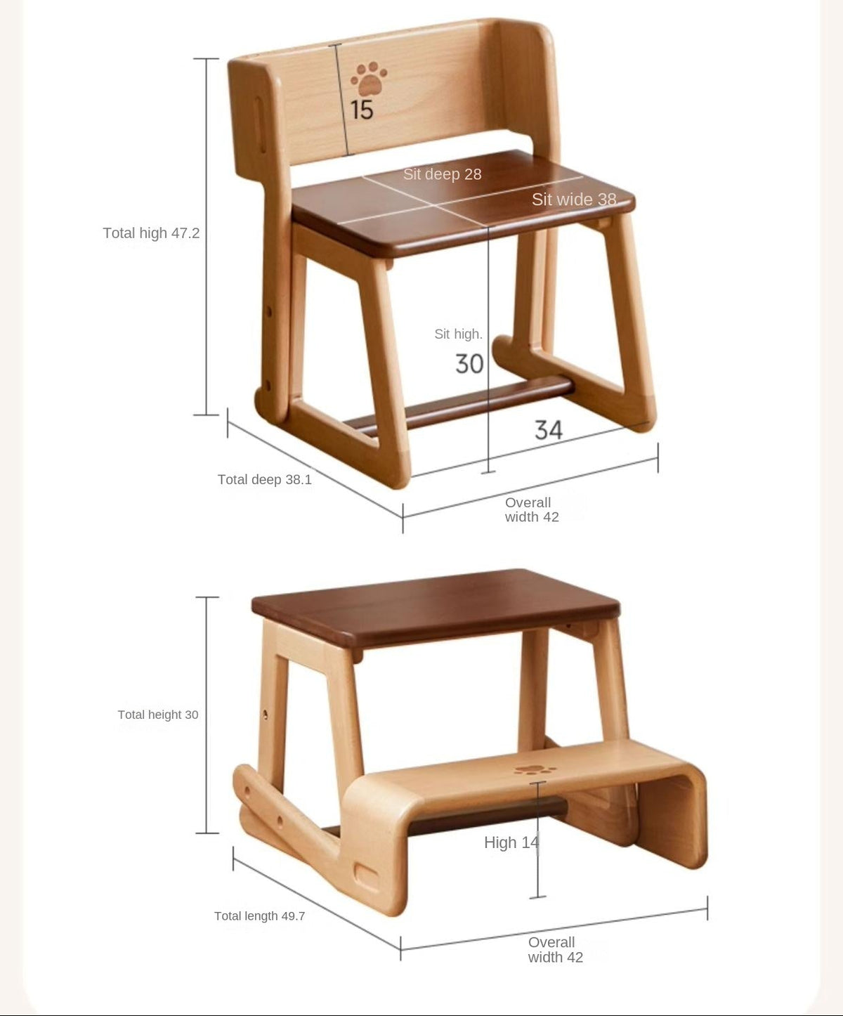 Beech Solid Wood Kids Multi-function Step Ladder Chair.