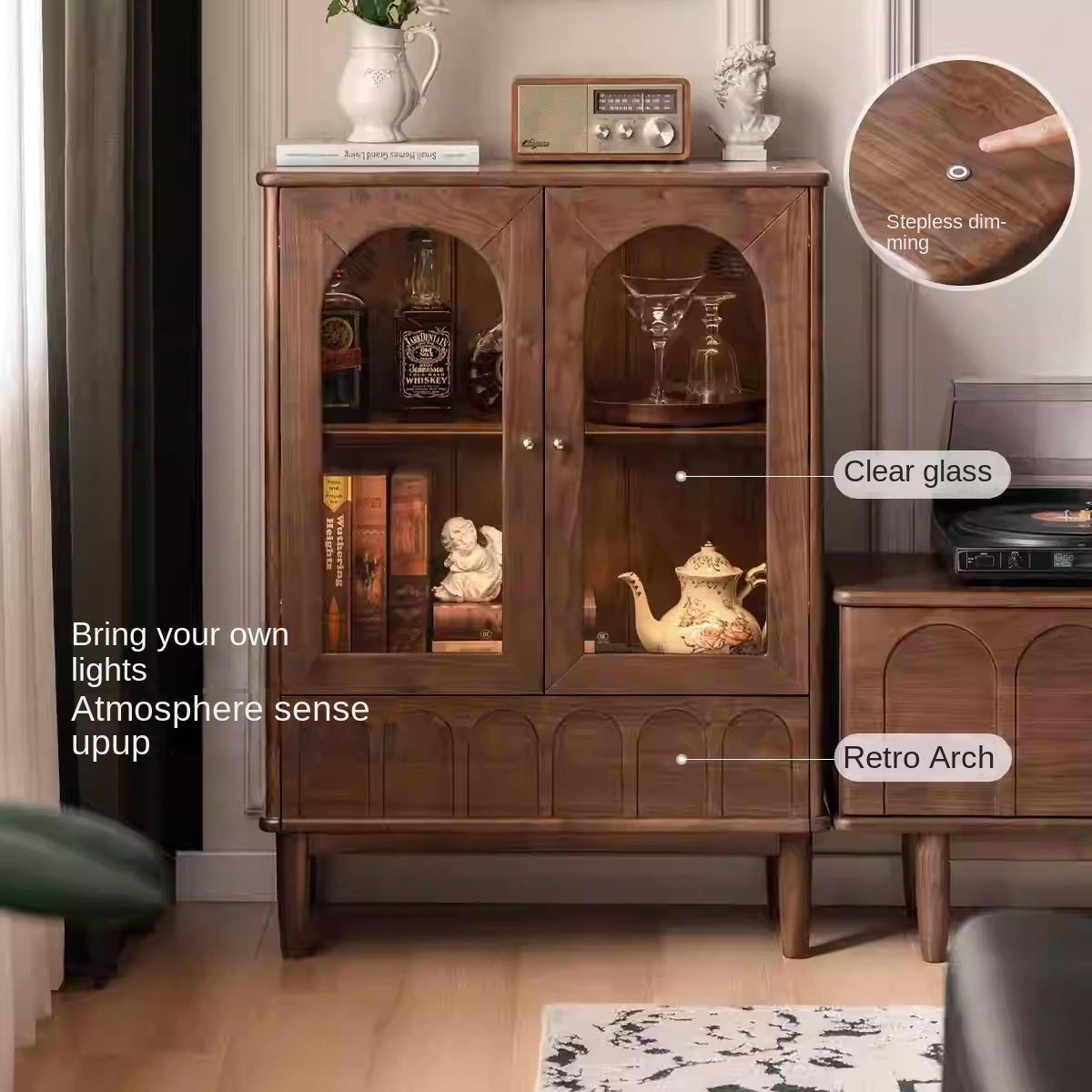 Black Walnut Solid Wood French Retro Side Cabinet.