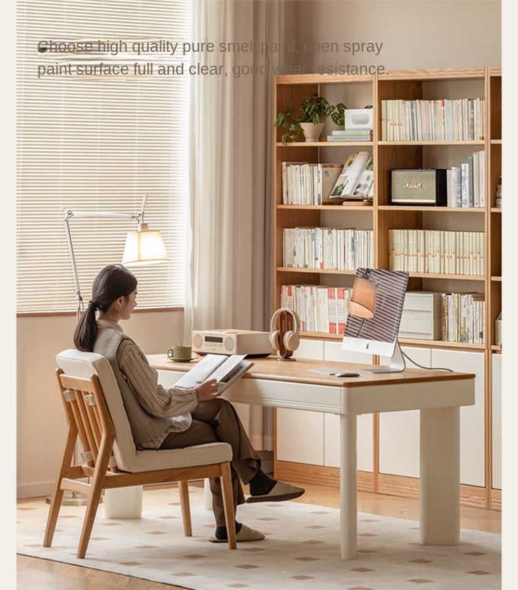 Oak, Poplar Solid Wood Modern Cream Style Computer With Drawer.