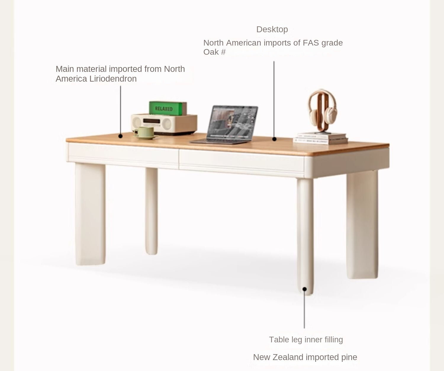 Oak, Poplar Solid Wood Modern Cream Style Computer With Drawer.