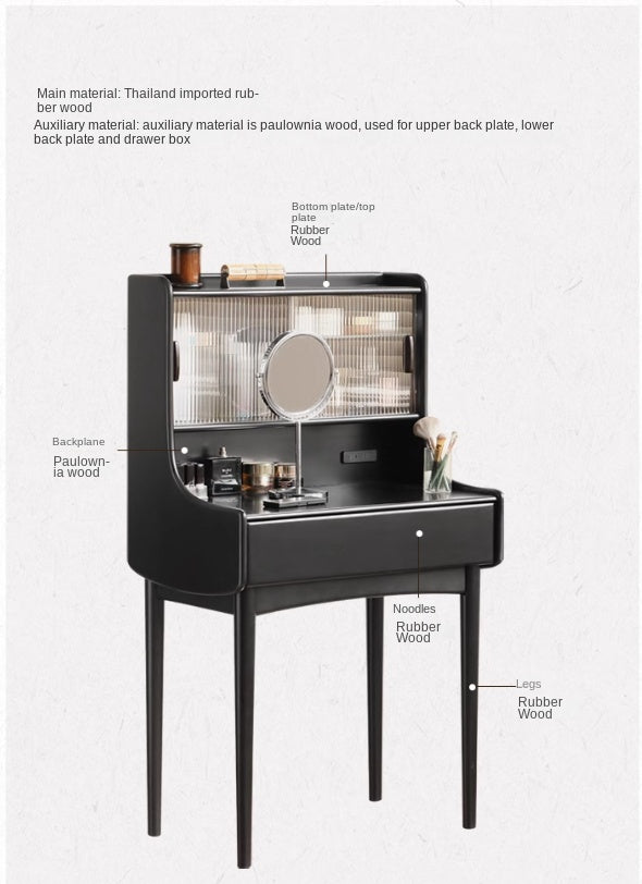 Solid Rubberwood Retro Multifunctional Vanity Table Storage Rack Integrated.