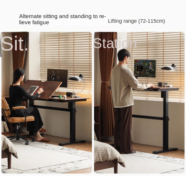 Black Walnut, Oak Solid Wood Light Luxury Style Electric Lift Table.